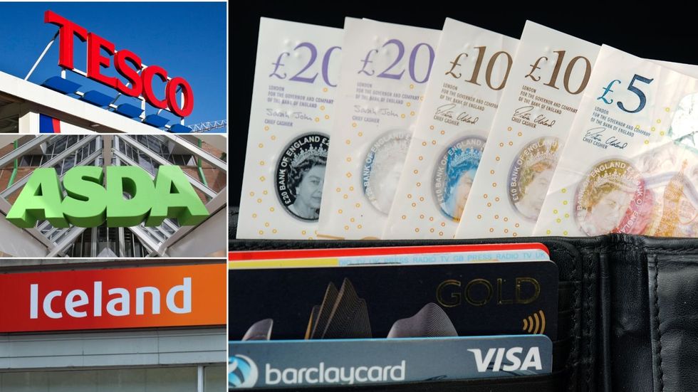 Cash in wallet with supermarket logos