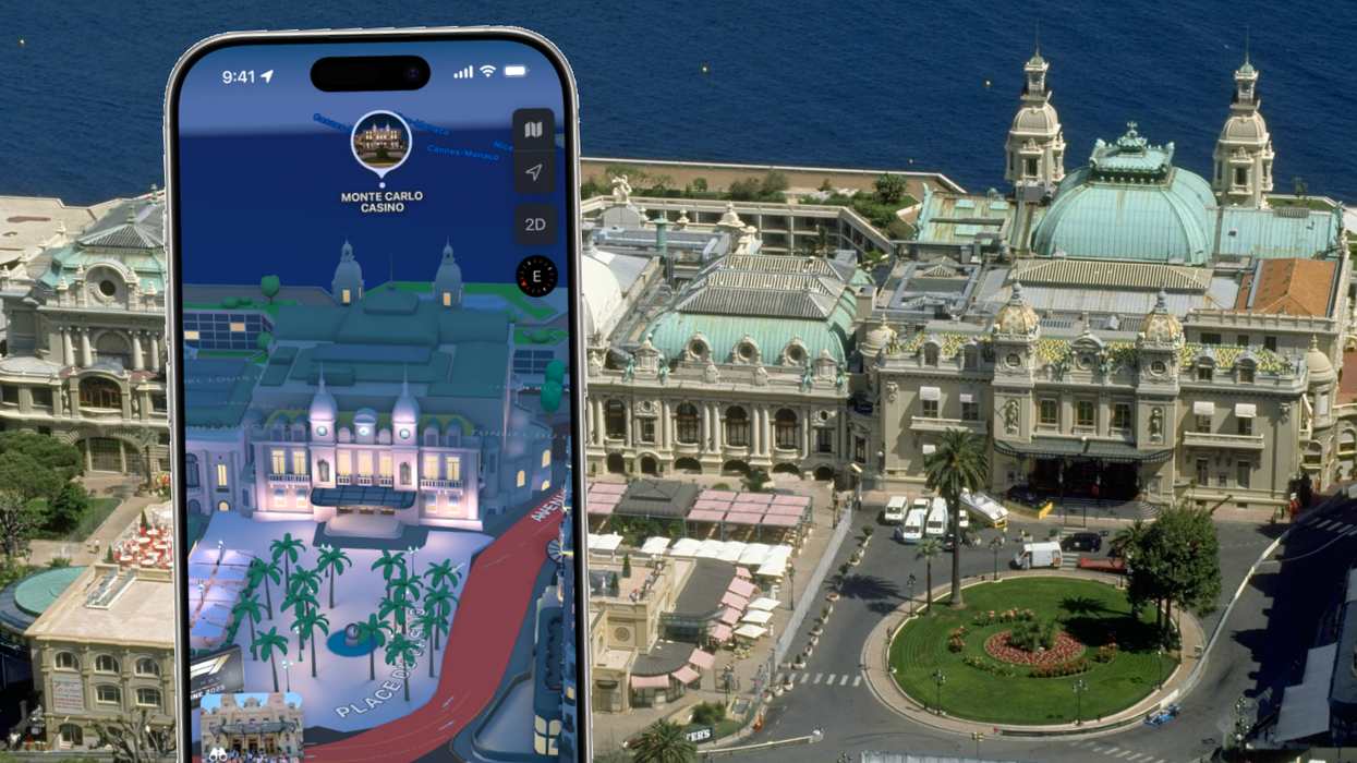 Casino de Monte-Carlo pictured in real-life and on Apple Maps in the foreground