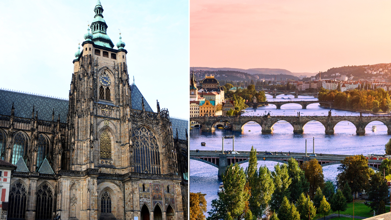 Cathedral in Prague and Bridges over river in Prague