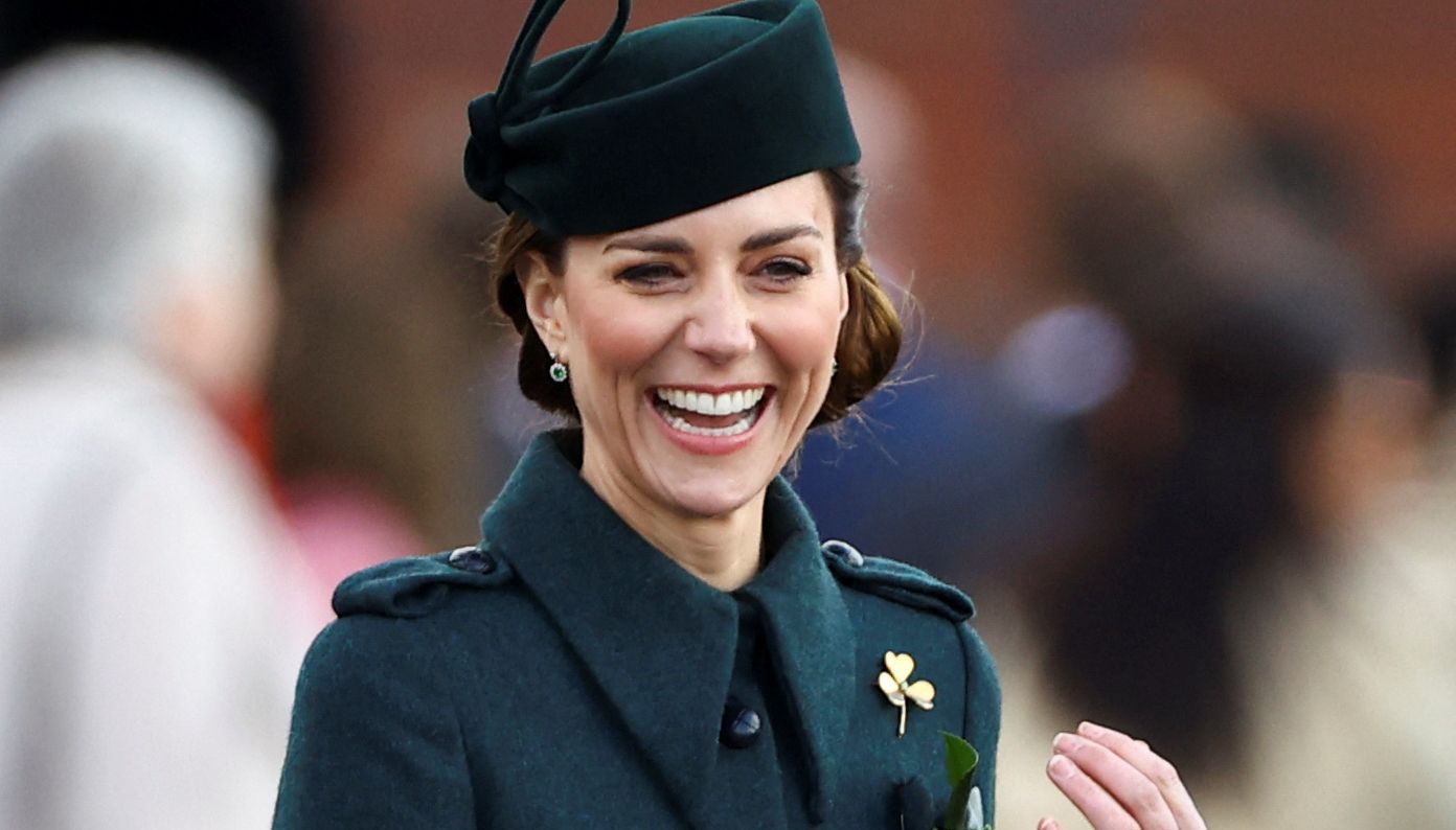 Catherine, Duchess of Cambridge, wears shamrocks as she attends the St Patrick's Day Parade in Aldershot.