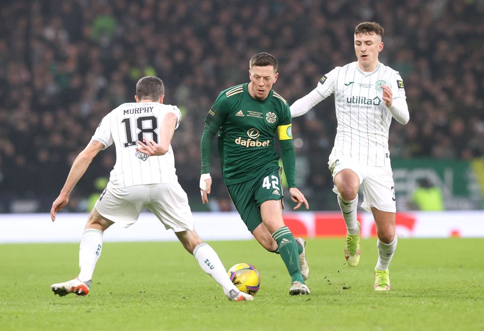 Celtic's Callum McGregor (centre) battles for the ball with Hibernian's Jamie Murphy (left) and Josh Campbell during the Premier Sports Cup Final at Hampden Park.