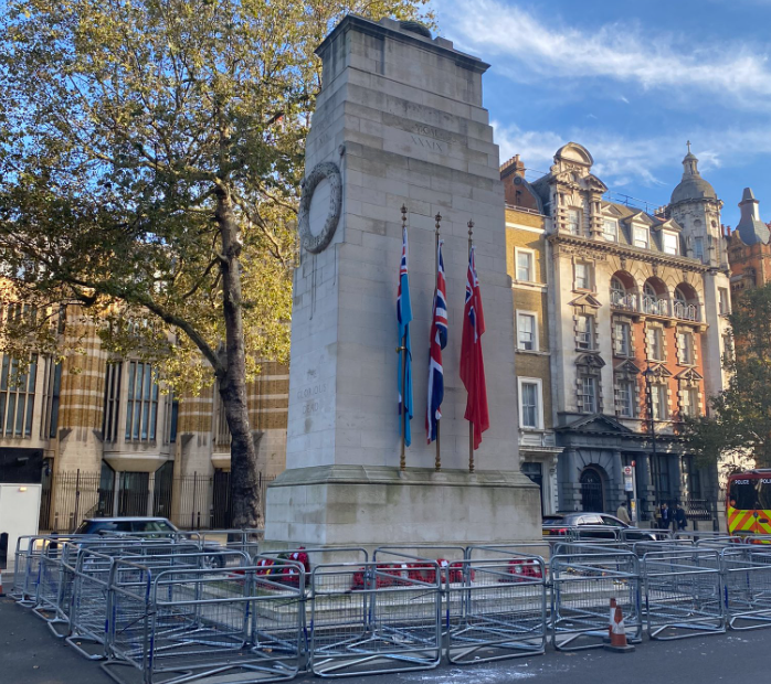 Cenotaph with barriers raised around it