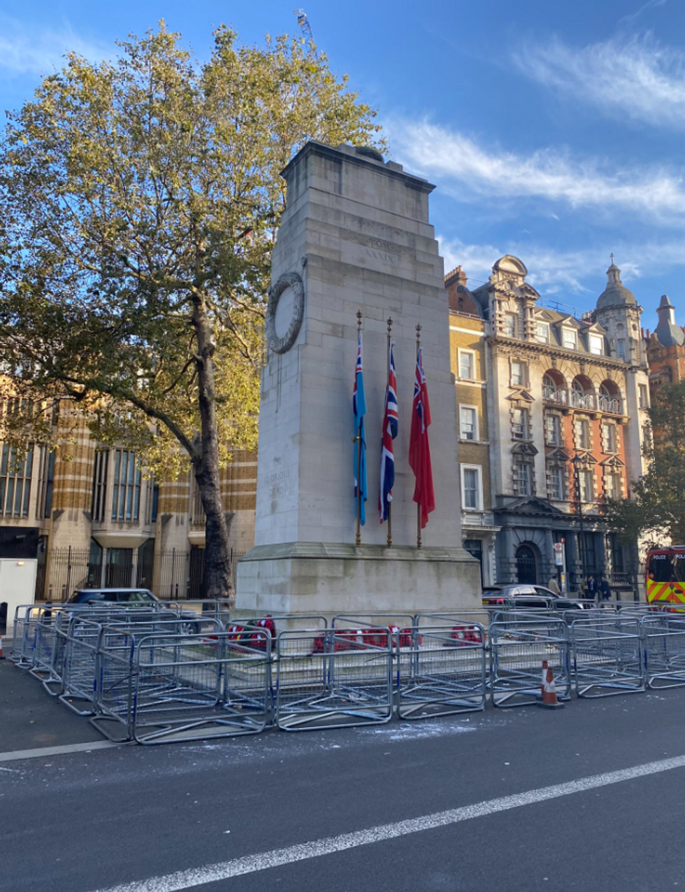 Cenotaph with barriers raised around it
