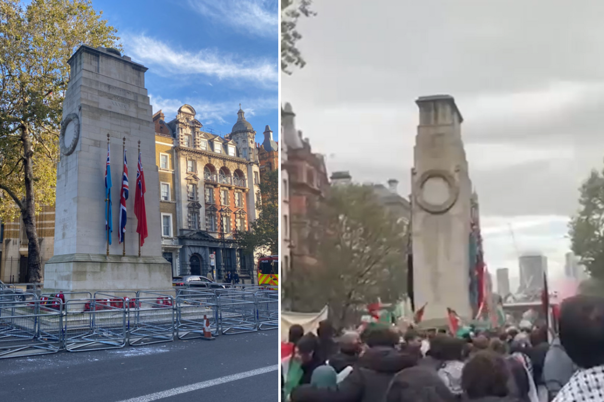 Centotaph with barriers around it/cenotaph surrounded by pro-Palestine supporters