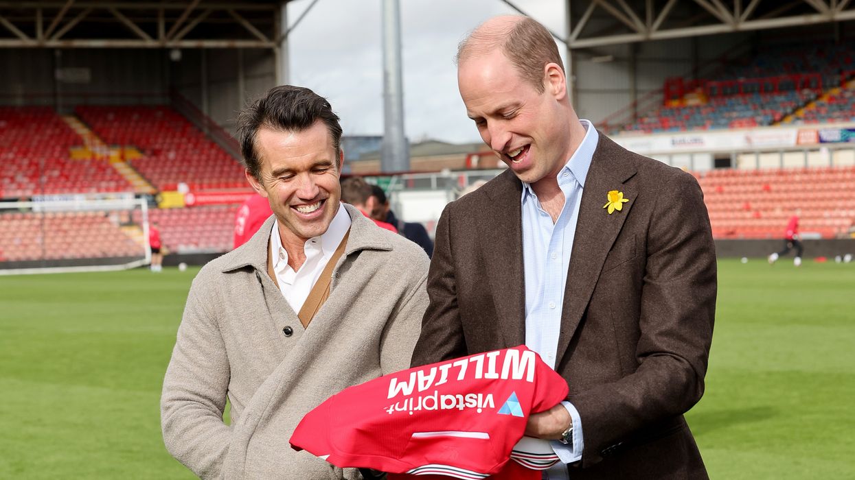 Chairman of Wrexham AFC Rob McElhenney and Prince William, Prince of Wales with his personalised Wrexham AFC shirt