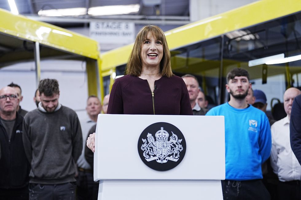 Chancellor of the Exchequer Rachel Reeves delivers a speech during a visit to Mellor Bus in Rochdale\u200b