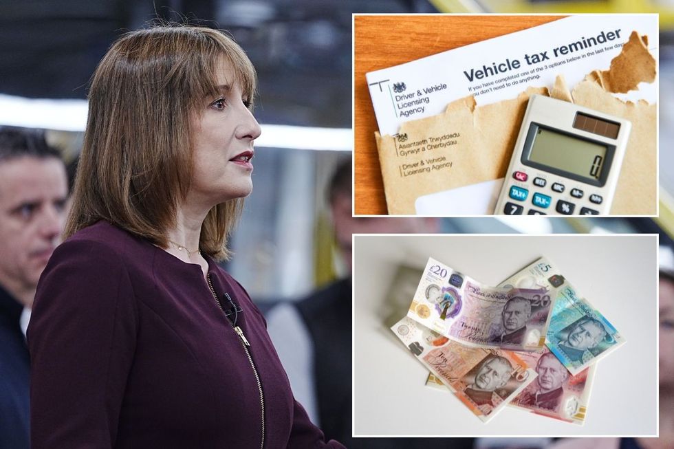 Chancellor Rachel Reeves, a car tax reminder letter and a pile of UK money