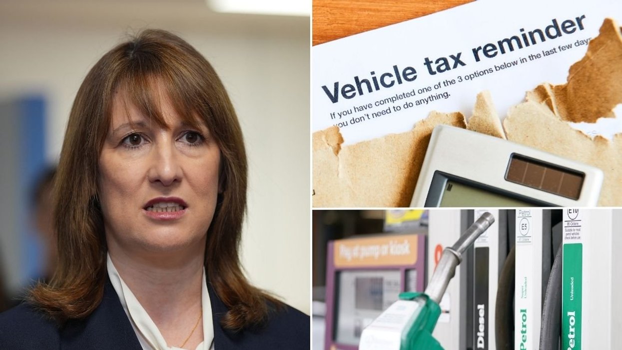 Chancellor Rachel Reeves, a vehicle tax reminder letter and a petrol pump
