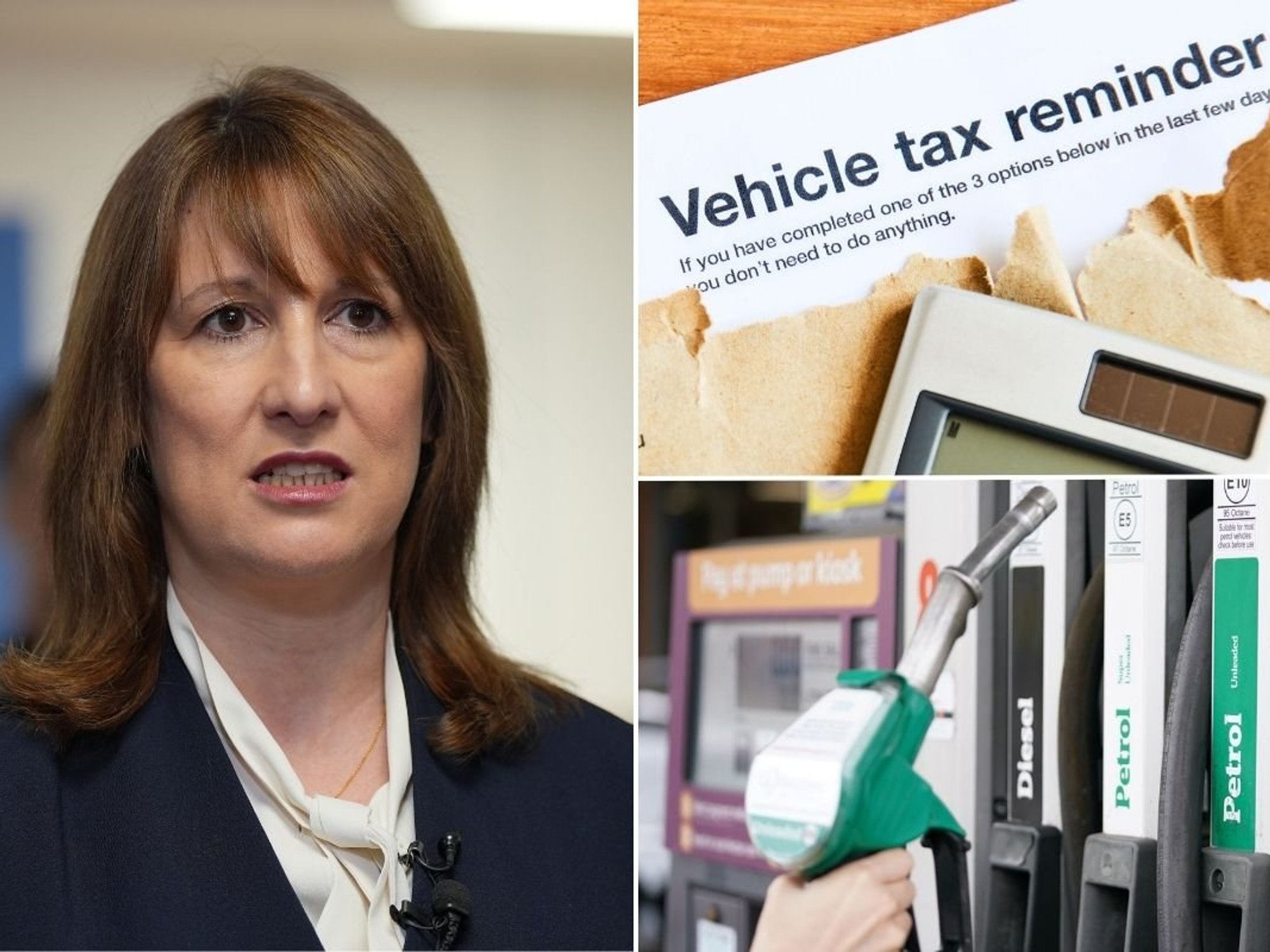 Chancellor Rachel Reeves, a vehicle tax reminder letter and a petrol pump