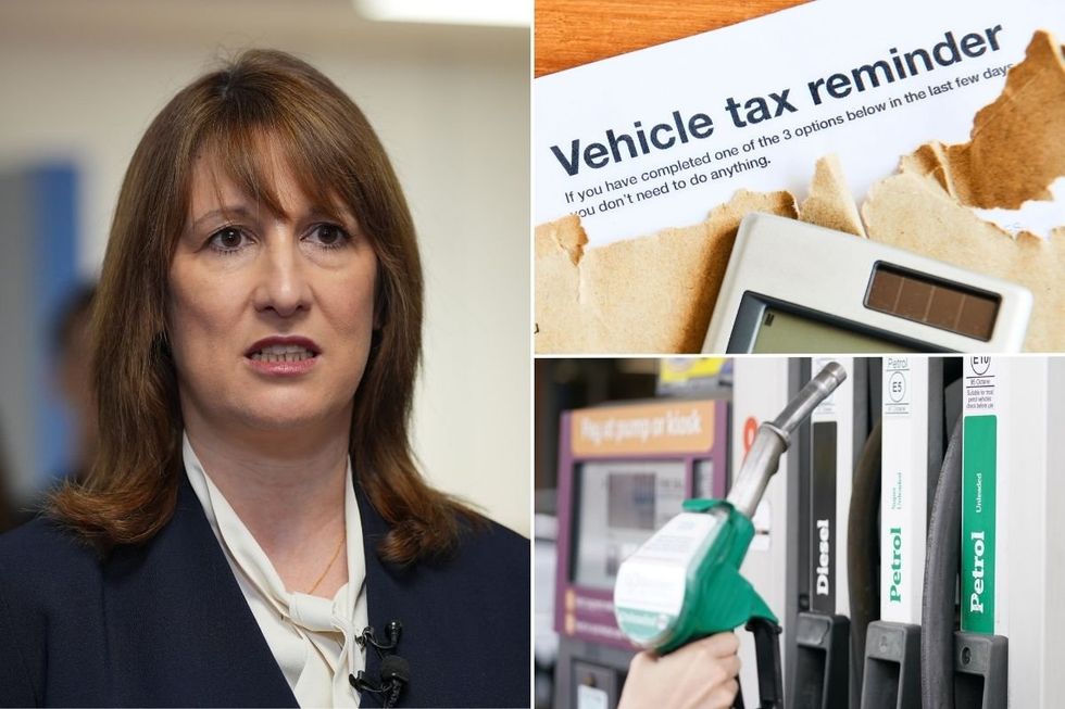 Chancellor Rachel Reeves, a vehicle tax reminder letter and a petrol pump