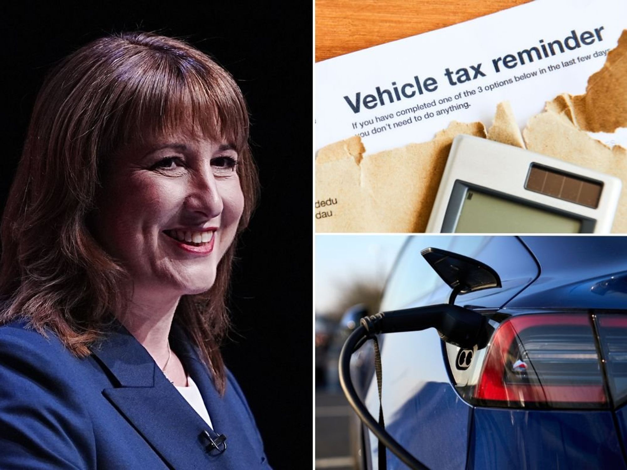 Chancellor Rachel Reeves, a vehicle tax reminder letter and an electric vehicle charging