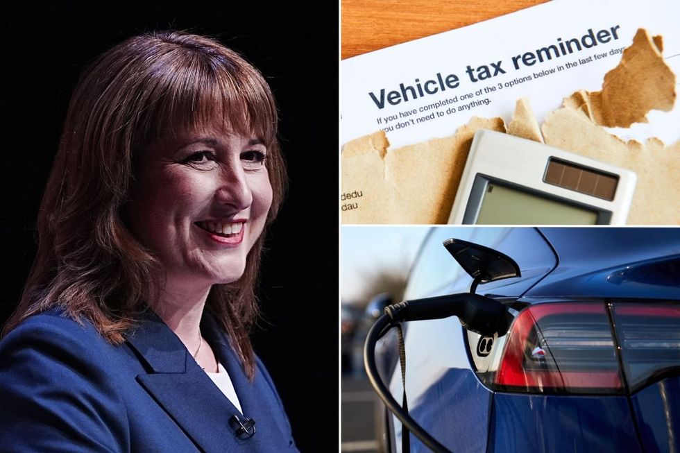 Chancellor Rachel Reeves, a vehicle tax reminder letter and an electric vehicle charging