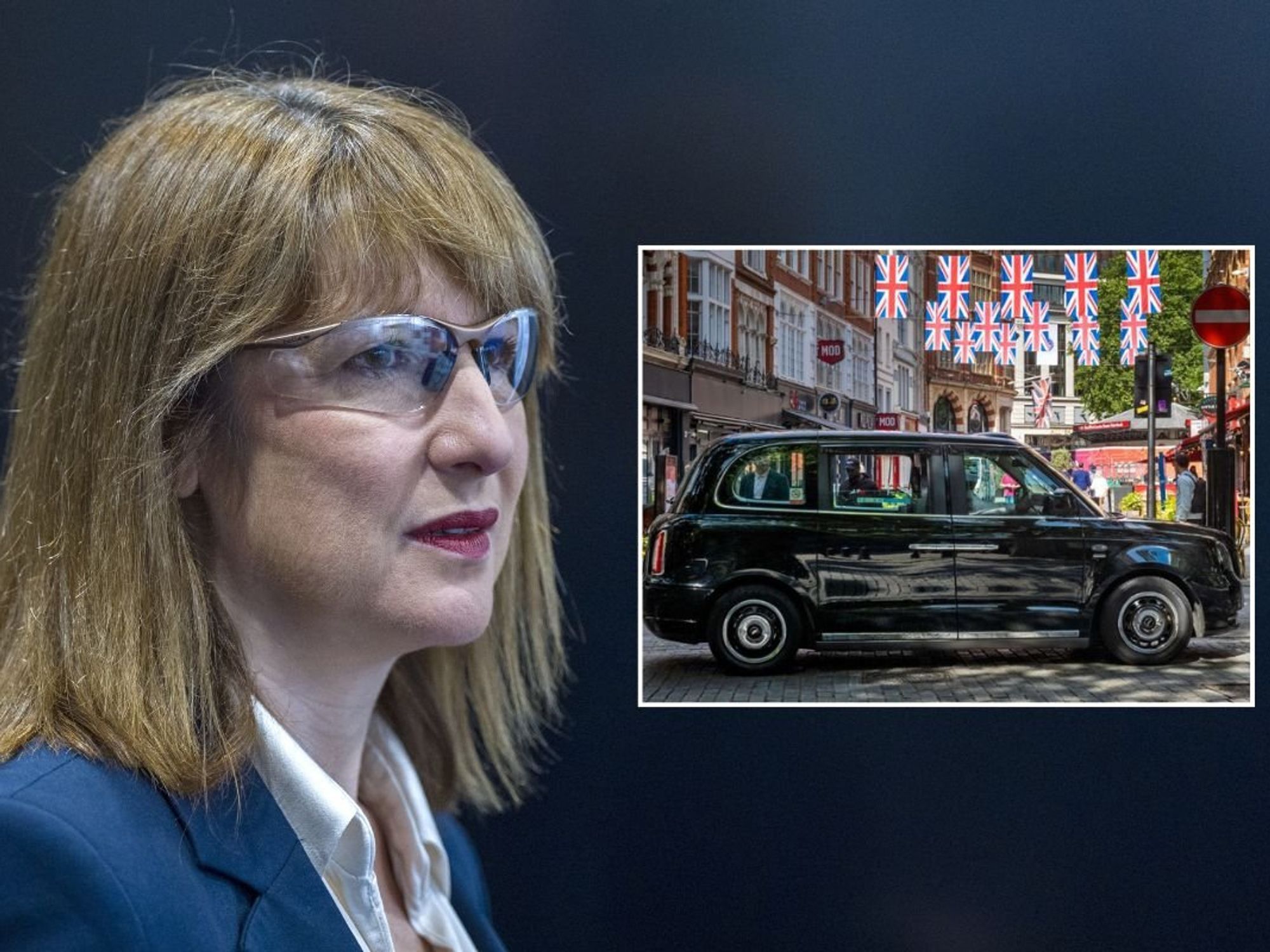 Chancellor Rachel Reeves and a black cab parked in London