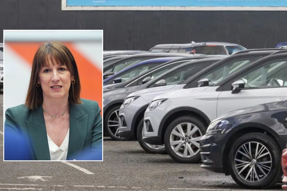 Chancellor Rachel Reeves and a car sales forecourt