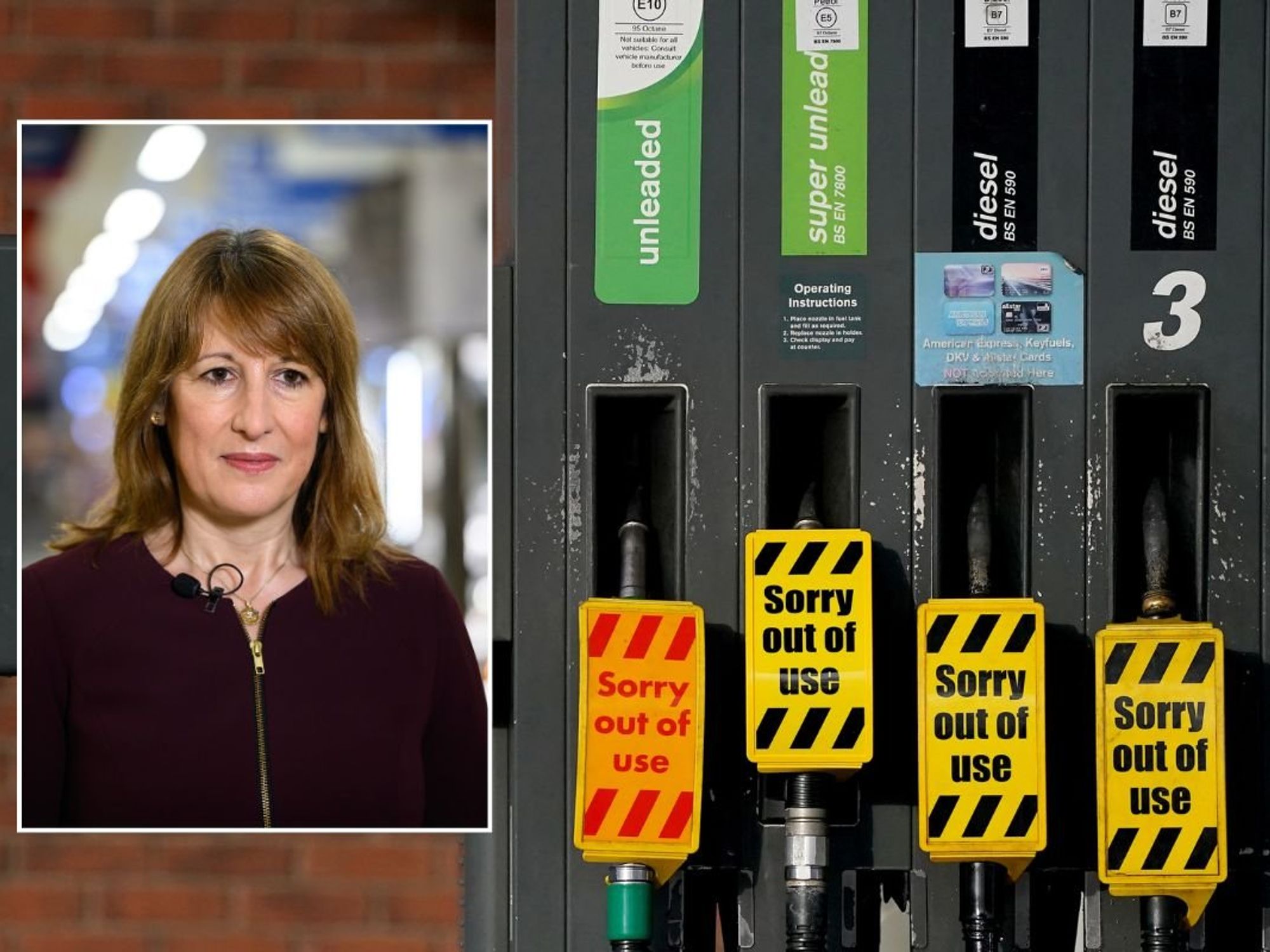 Chancellor Rachel Reeves and a fuel pump