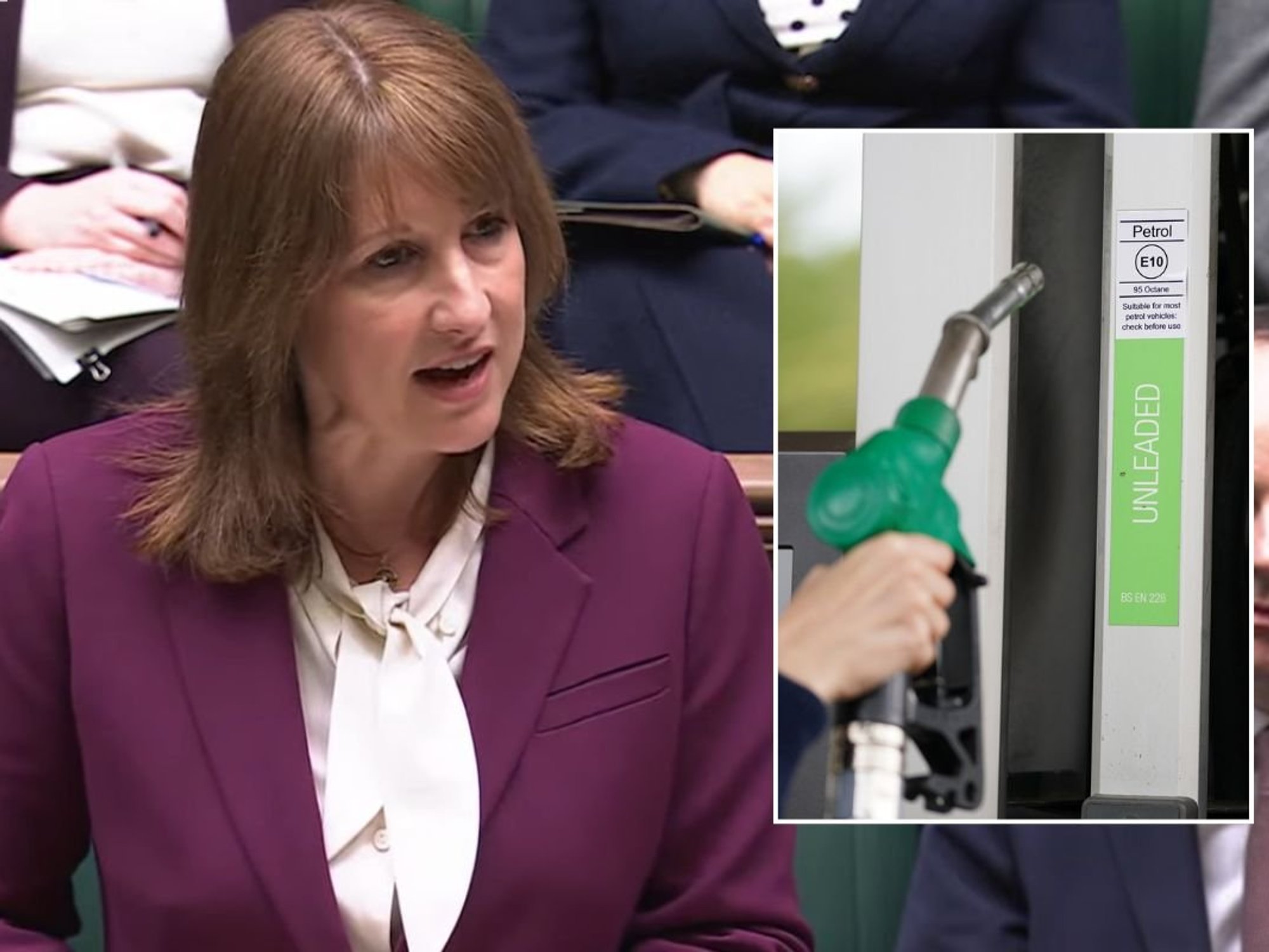 Chancellor Rachel Reeves and a fuel pump