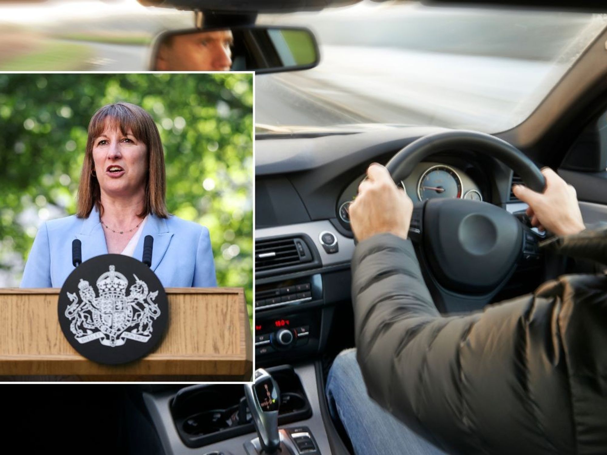 Chancellor Rachel Reeves and a man driving a car