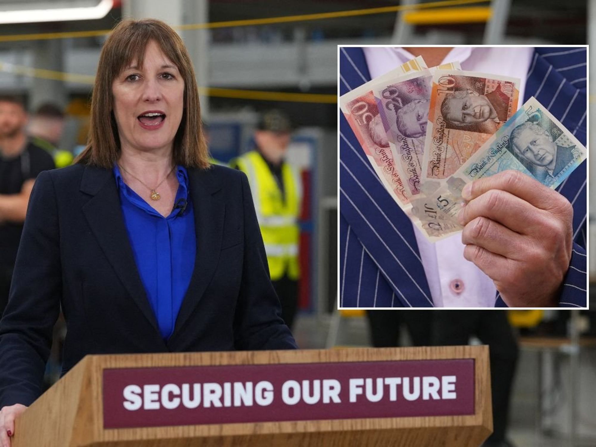 Chancellor Rachel Reeves and a man holding cash