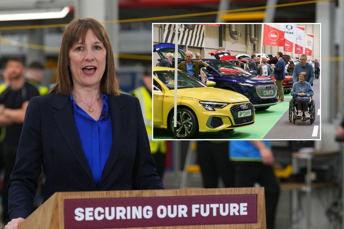 Chancellor Rachel Reeves and a Motability scheme lineup of cars
