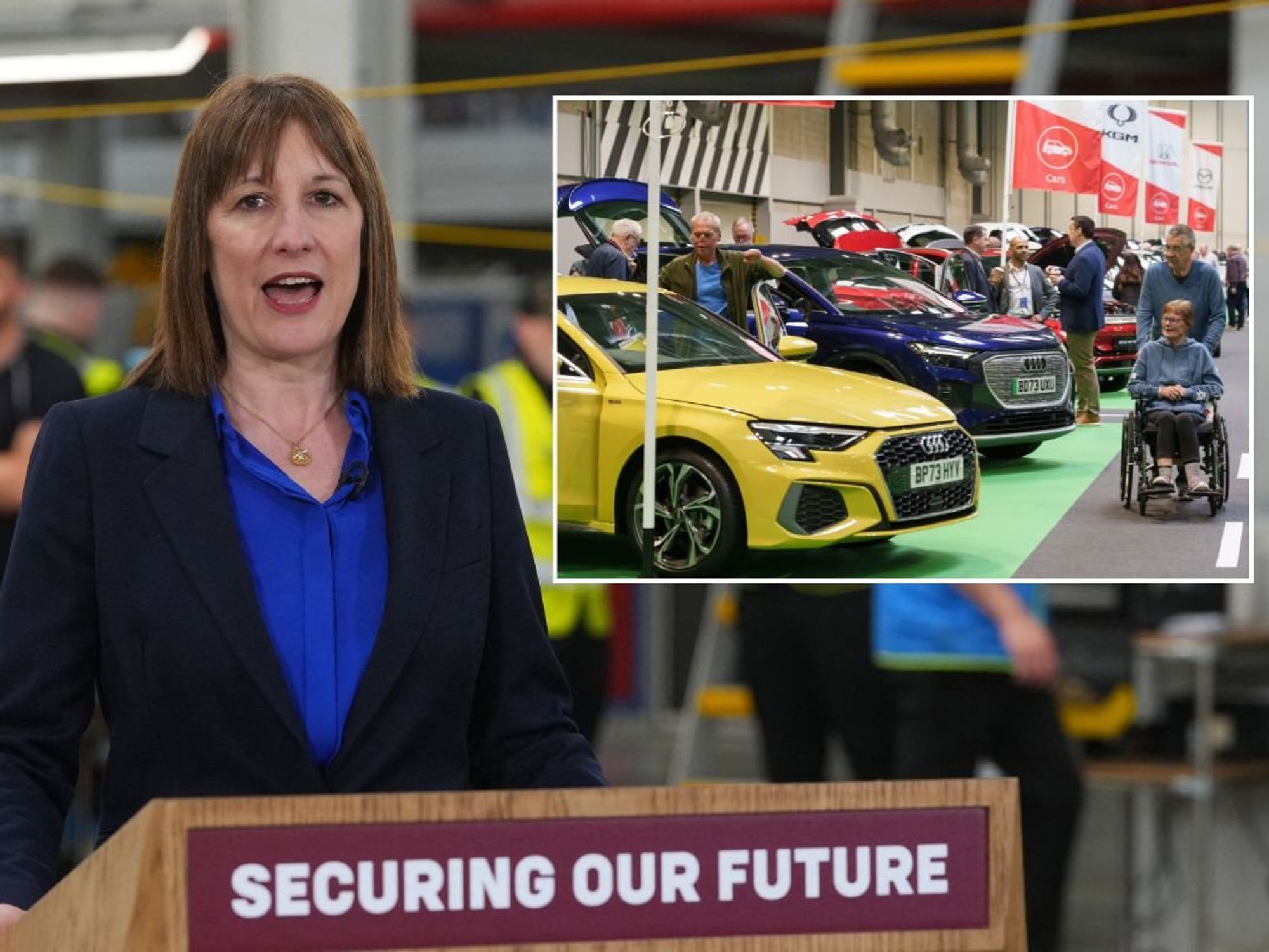 Chancellor Rachel Reeves and a Motability scheme lineup of cars