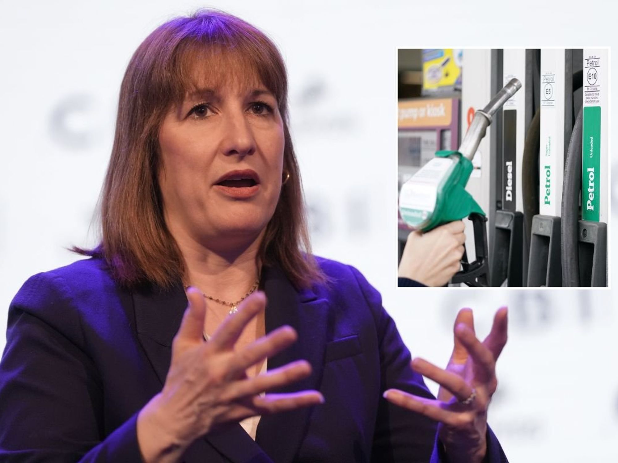 Chancellor Rachel Reeves and a petrol pump