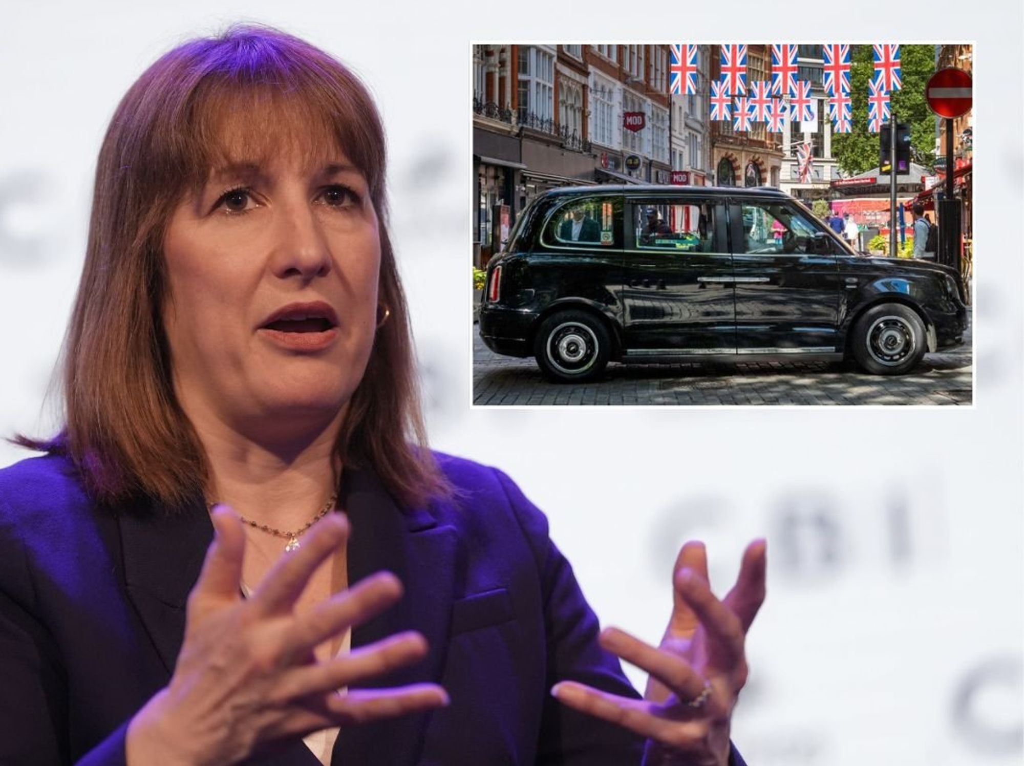 Chancellor Rachel Reeves and a taxi parked in London in front of Union Jack flags