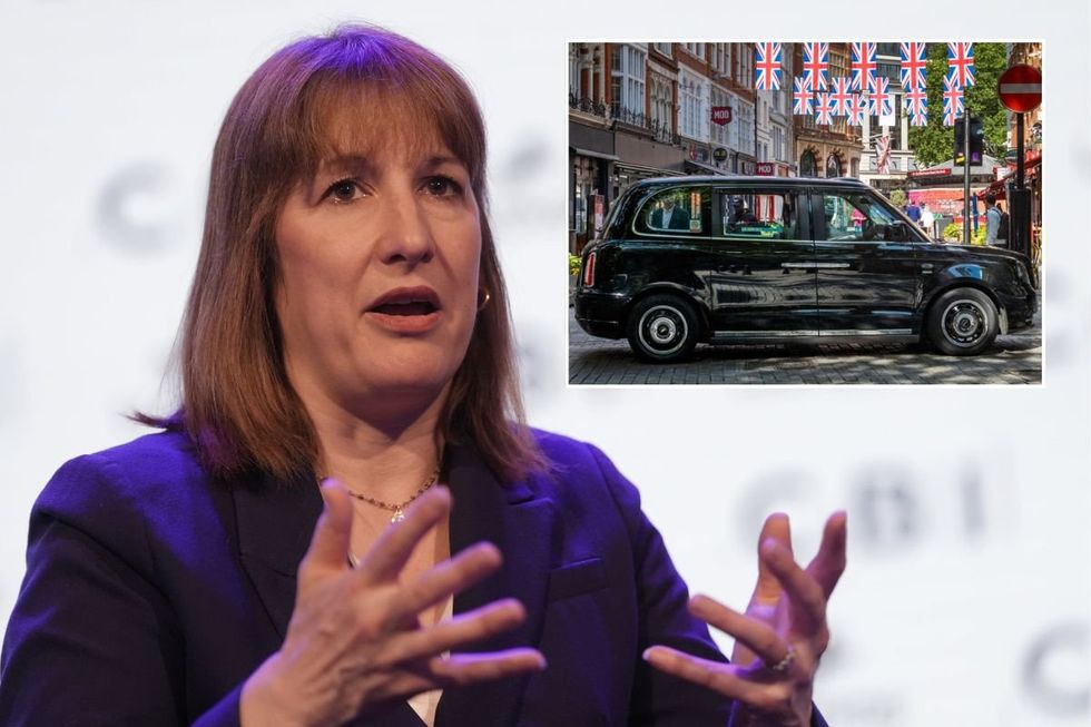Chancellor Rachel Reeves and a taxi parked in London in front of Union Jack flags