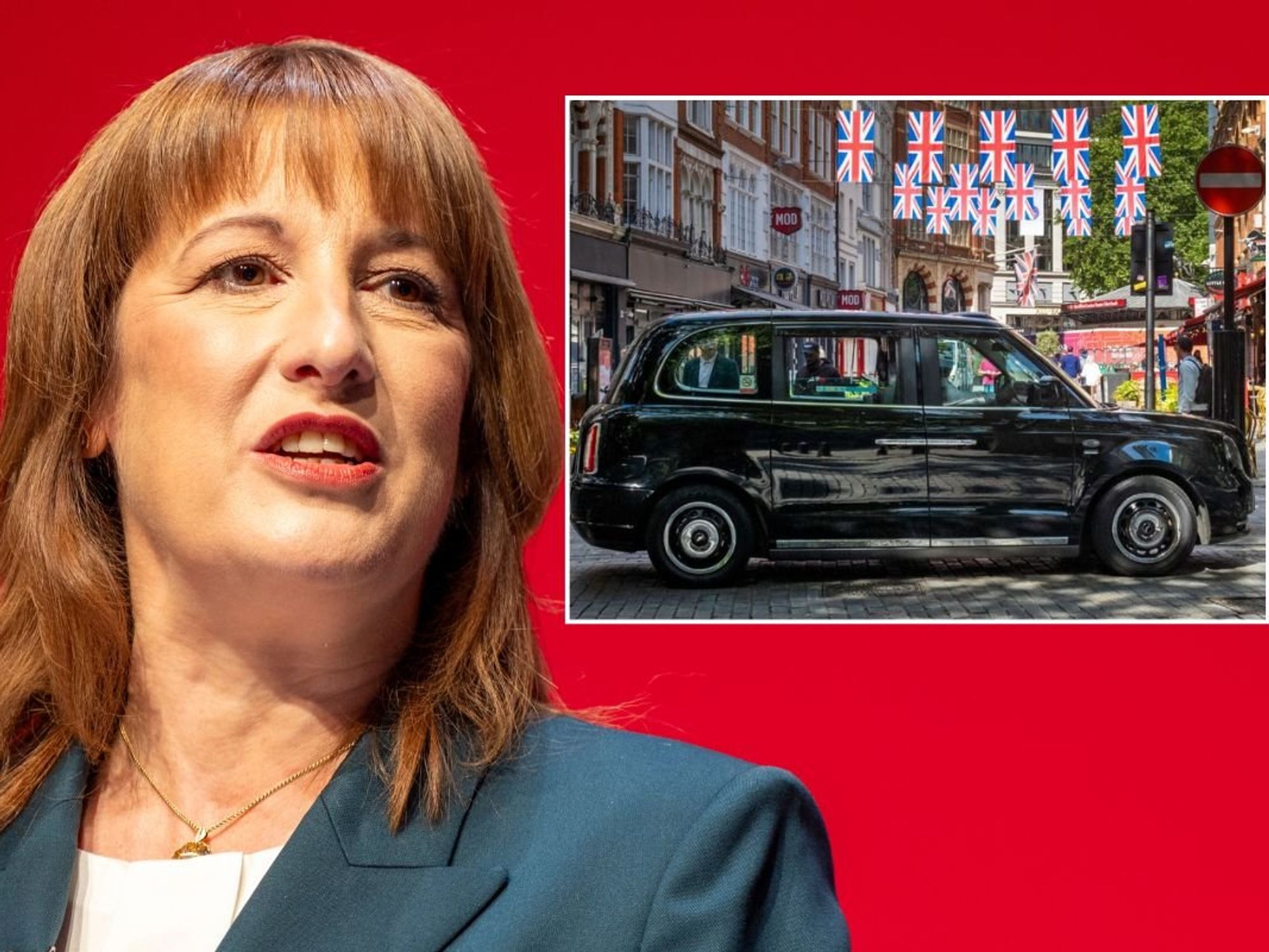 Chancellor Rachel Reeves and a taxi parked