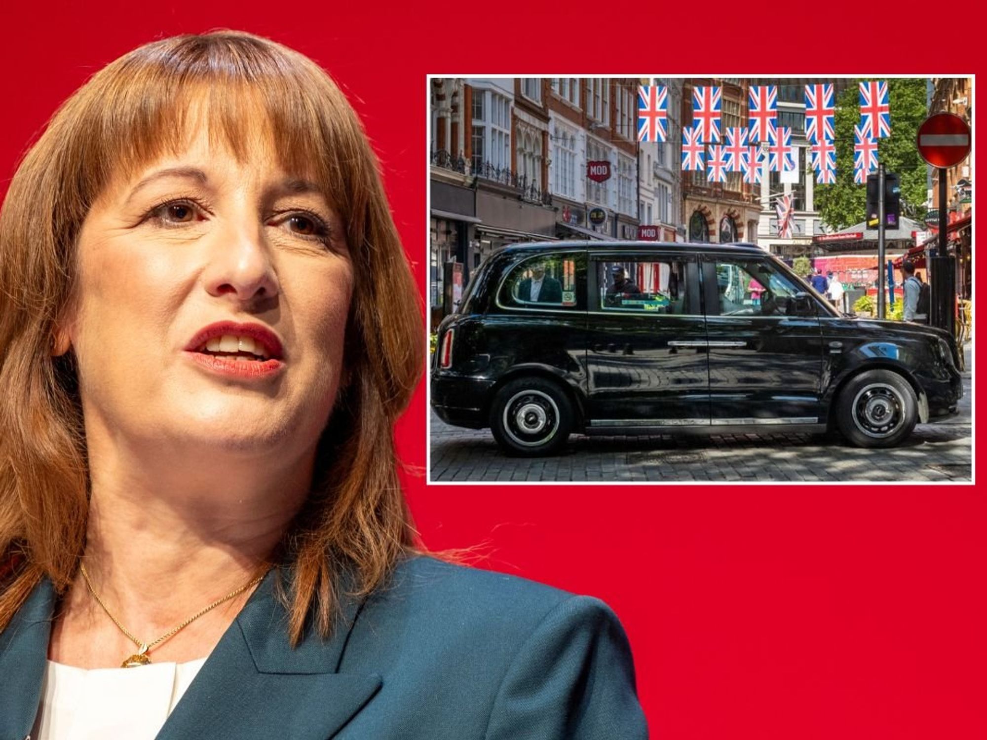 Chancellor Rachel Reeves and a taxi parked