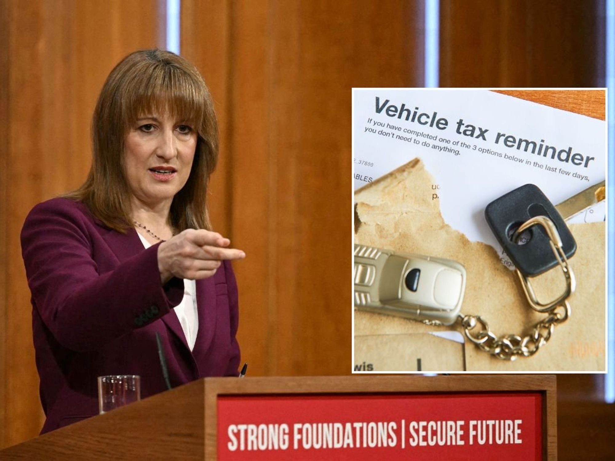 Chancellor Rachel Reeves and a vehicle tax reminder letter