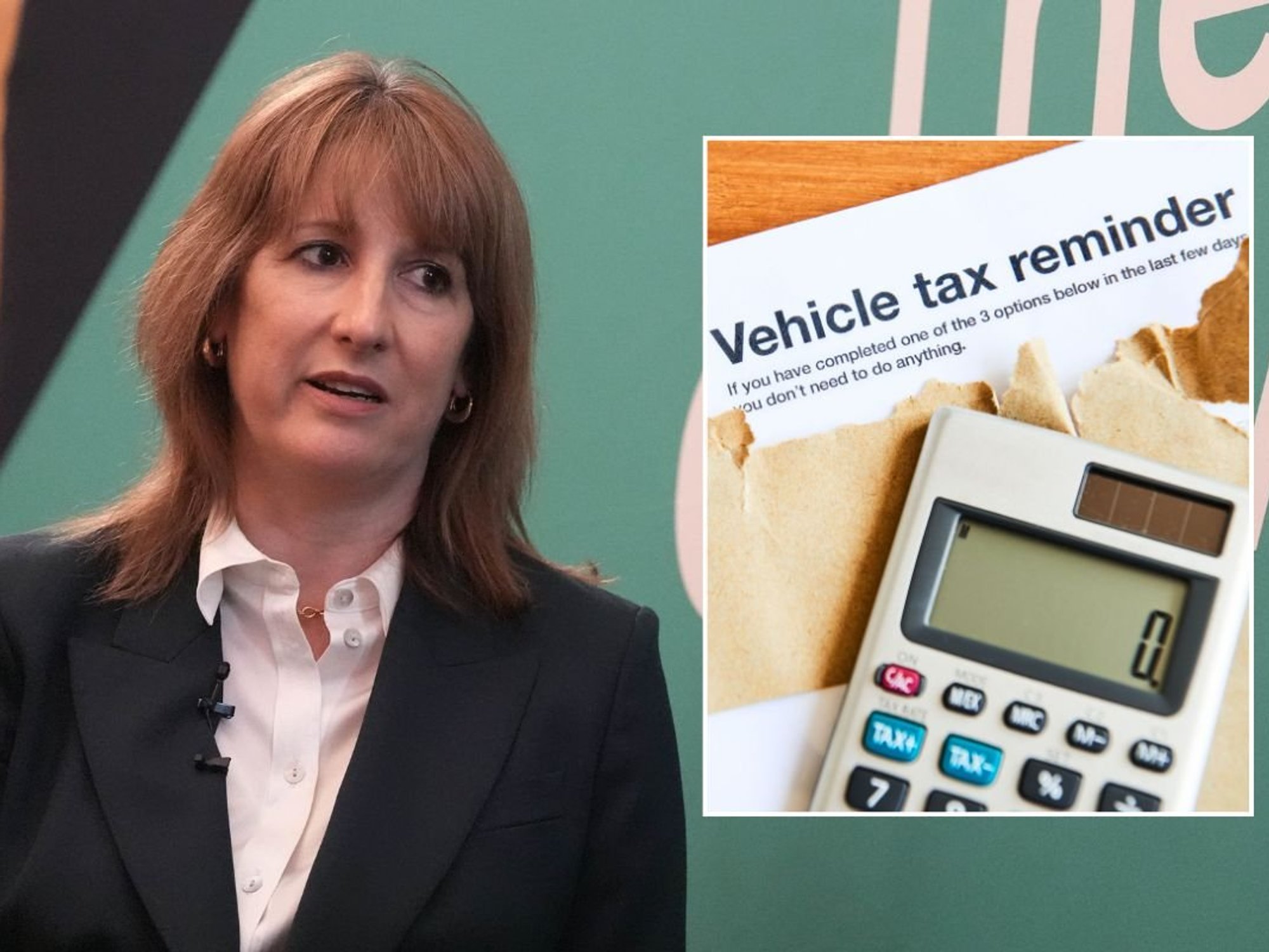 Chancellor Rachel Reeves and a vehicle tax reminder letter