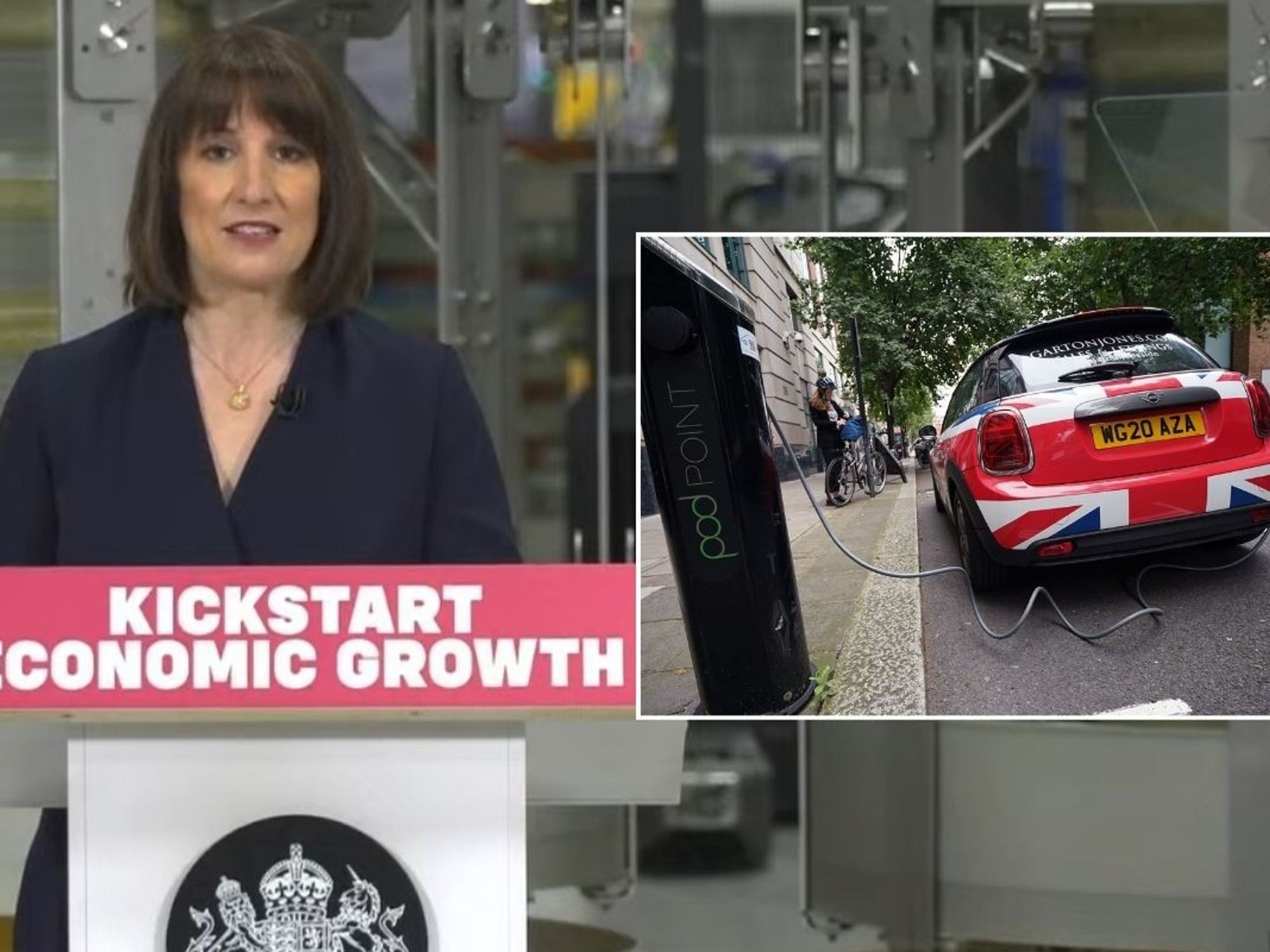 Chancellor Rachel Reeves and an on-street electric vehicle charger