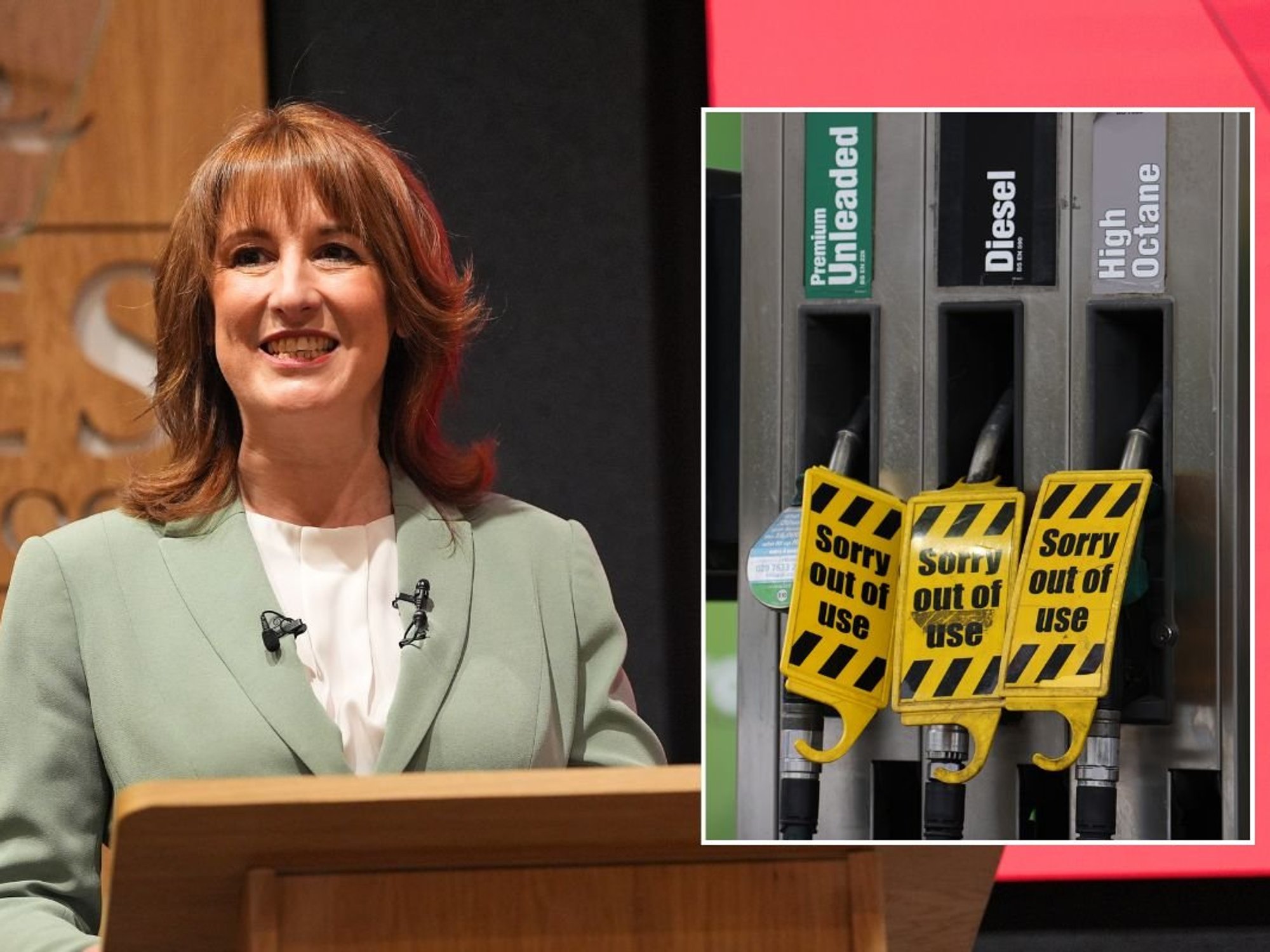 Chancellor Rachel Reeves and empty fuel pumps