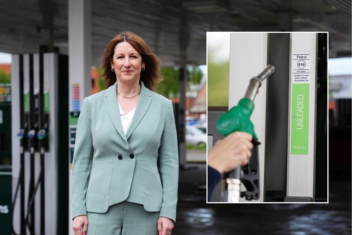 Chancellor Rachel Reeves at a petrol station and a fuel pump