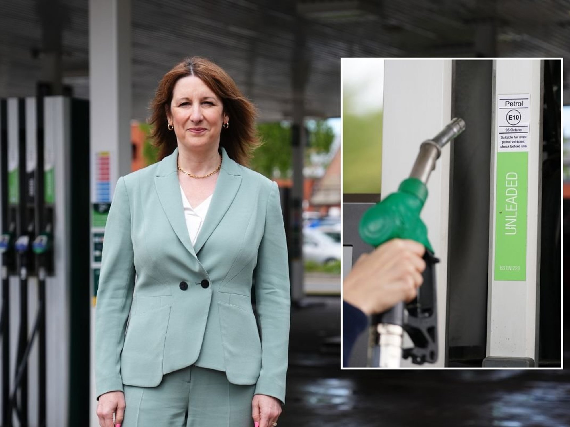 Chancellor Rachel Reeves at a petrol station and a fuel pump
