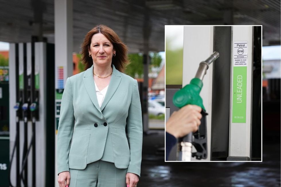Chancellor Rachel Reeves at a petrol station and a fuel pump