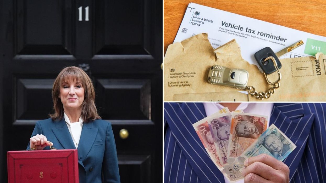 Chancellor Rachel Reeves, vehicle tax reminder letter and a man holding cash