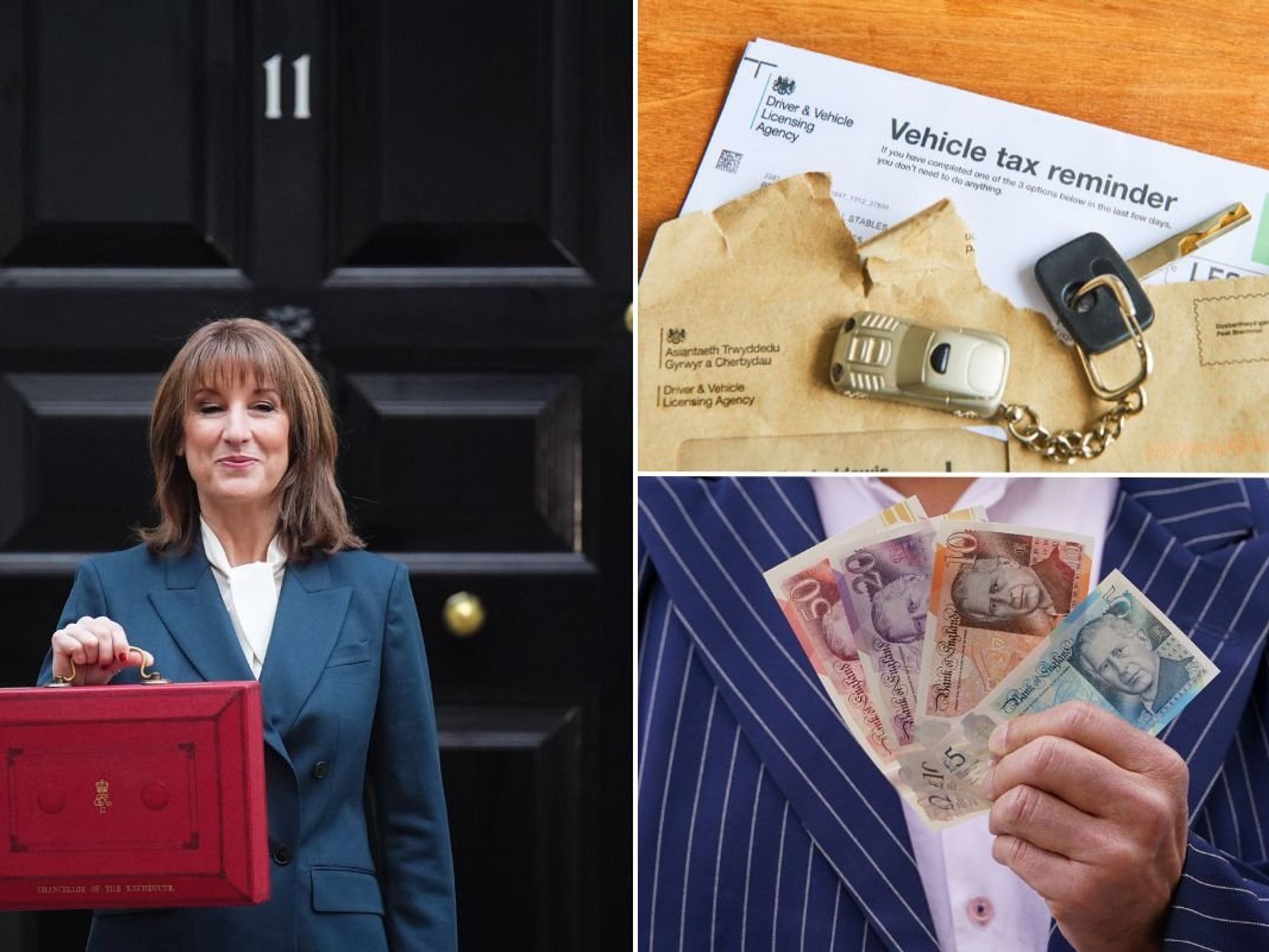 Chancellor Rachel Reeves, vehicle tax reminder letter and a man holding cash