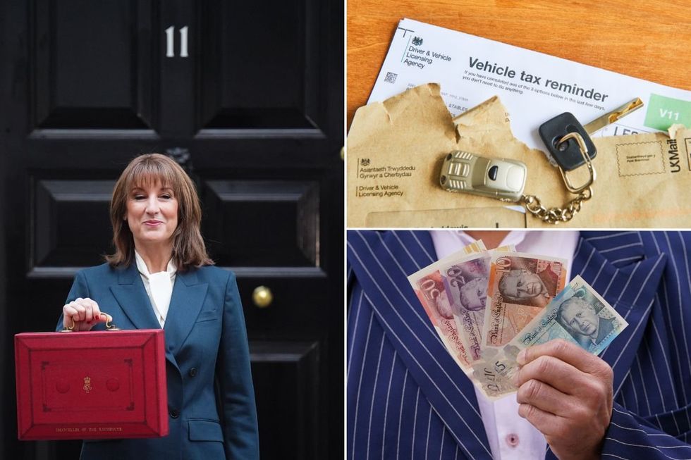 Chancellor Rachel Reeves, vehicle tax reminder letter and a man holding cash