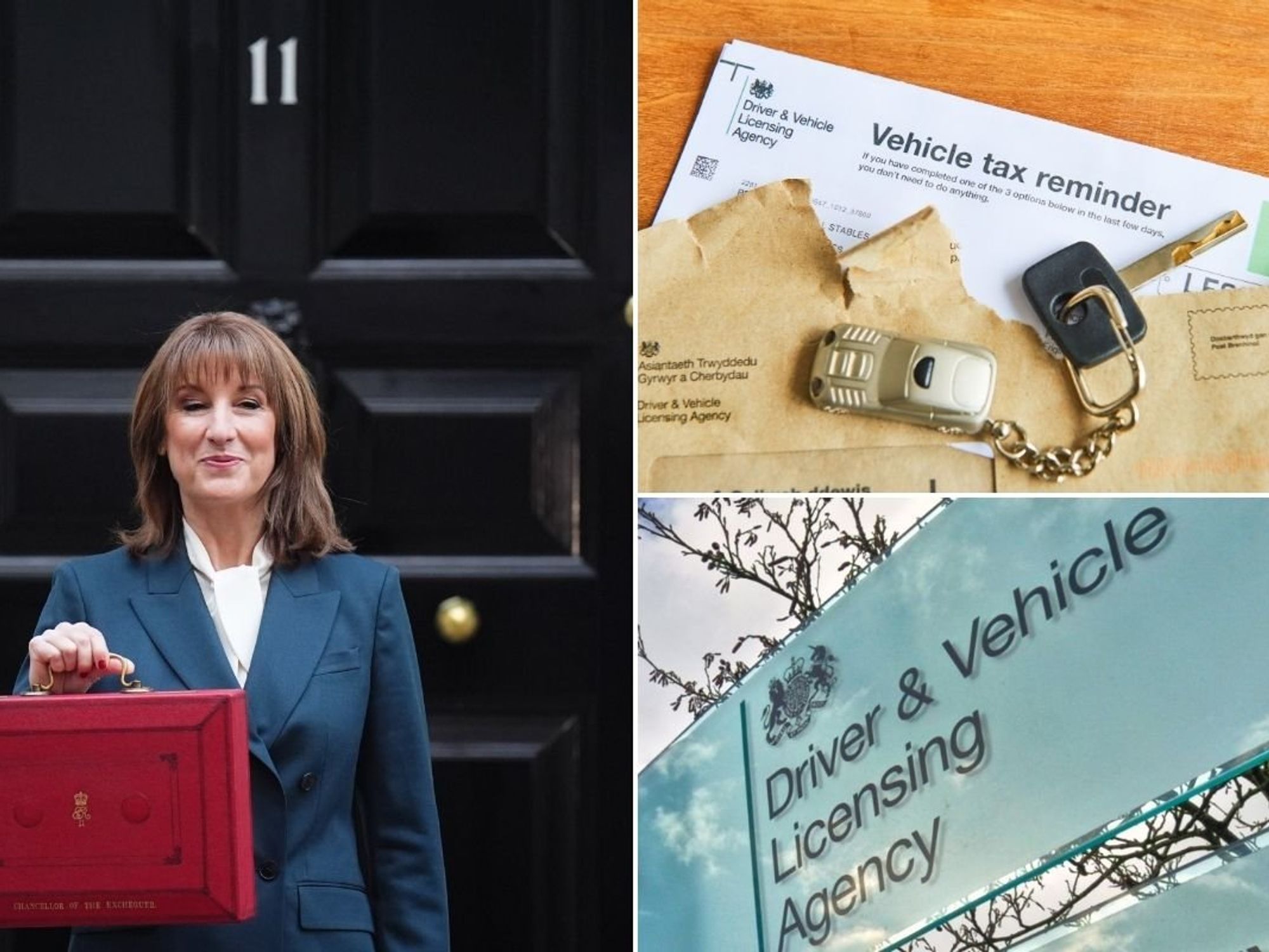 Chancellor Rachel Reeves, vehicle tax reminder letter and DVLA sign