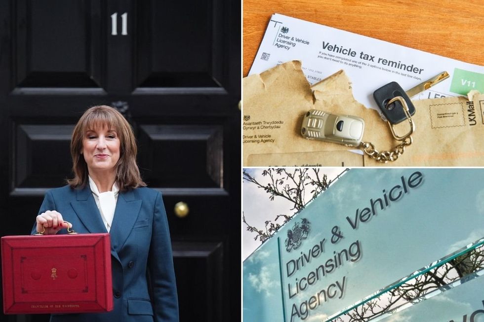 Chancellor Rachel Reeves, vehicle tax reminder letter and DVLA sign