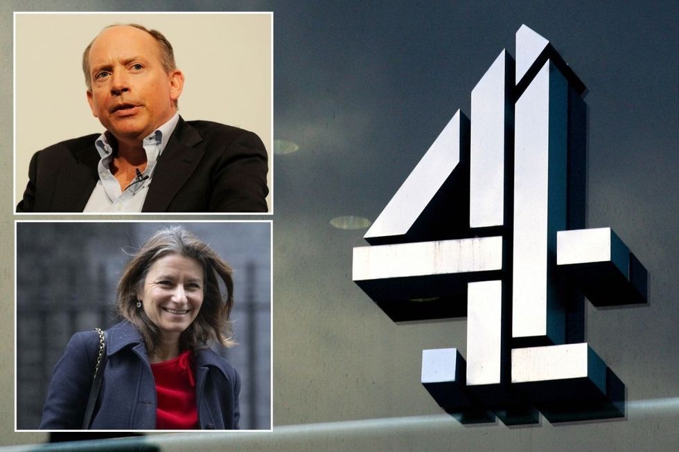 Channel 4 sign with insets of Sir Ian Cheshire and Lucy Frazer