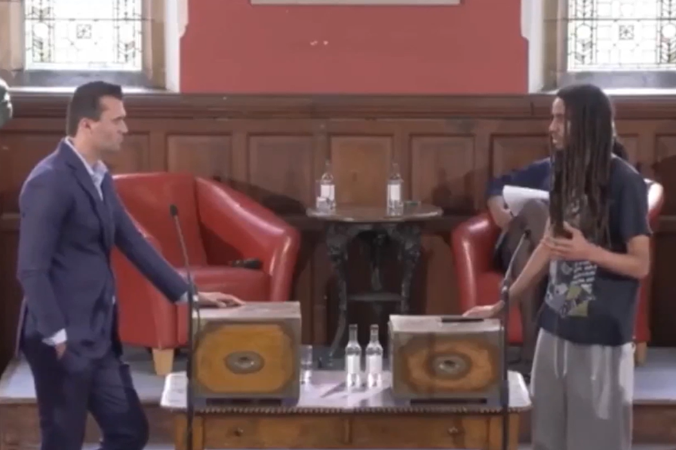 Charlie Kirk and George Abaraonye debating at the Oxford Union