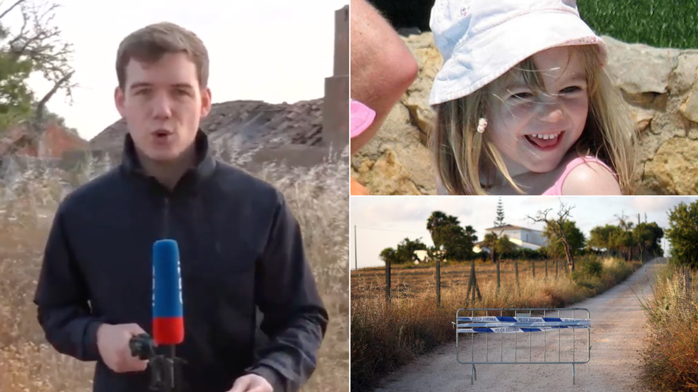 Charlie Peters (left), Madeleine McCann (top right), A police barrier blocks a road as police resumes the search for the body of Madeleine McCann (bottom right)