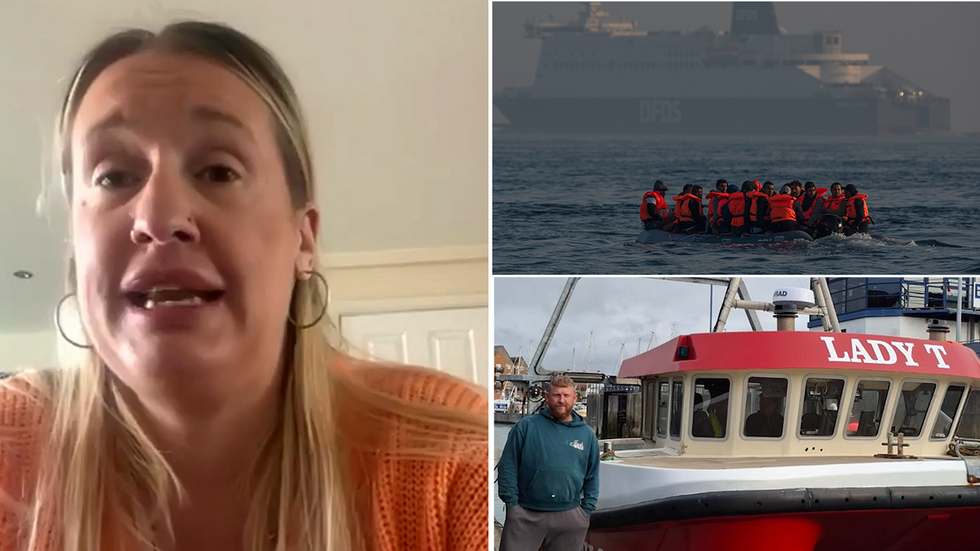 Charlotte Edwards with inset images of migrants crossing the Channel on a small boat and her husband stood next to the Lady T