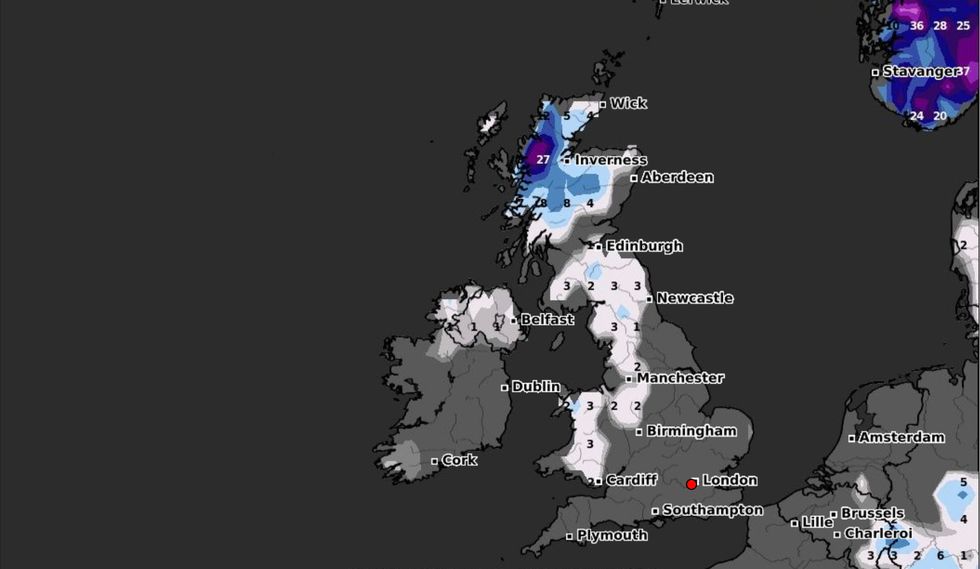 Charts show that parts of Scotland are set to be blanketed by snow today.