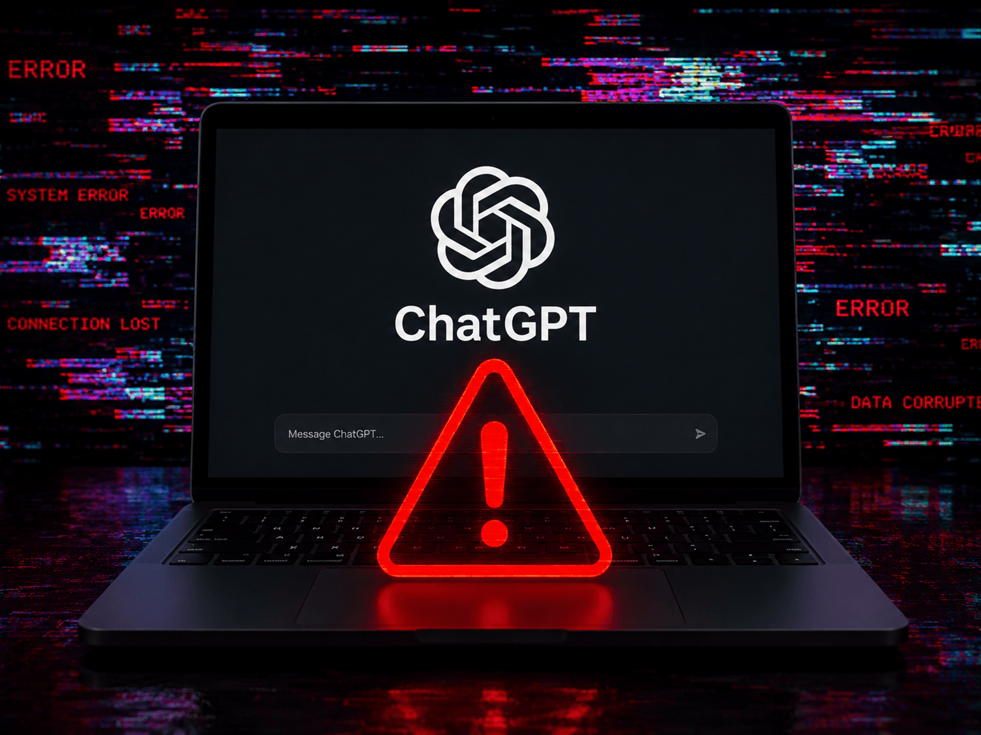 ChatGPT logo on laptop with red warning symbol