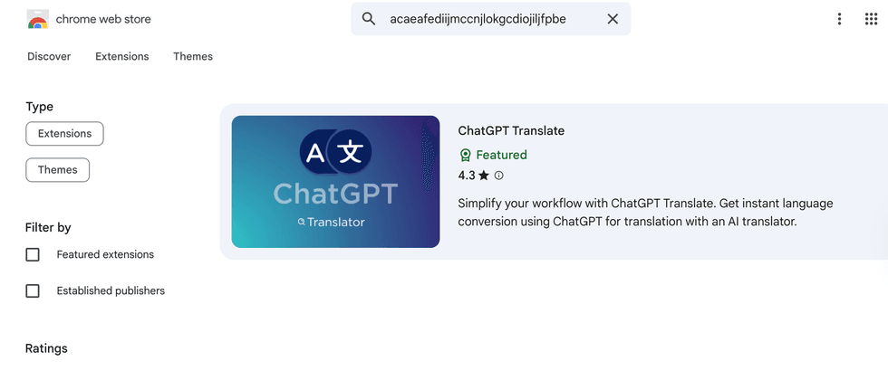 ChatGPT Translate, a malicious extension, is displayed in the Chrome Web Store