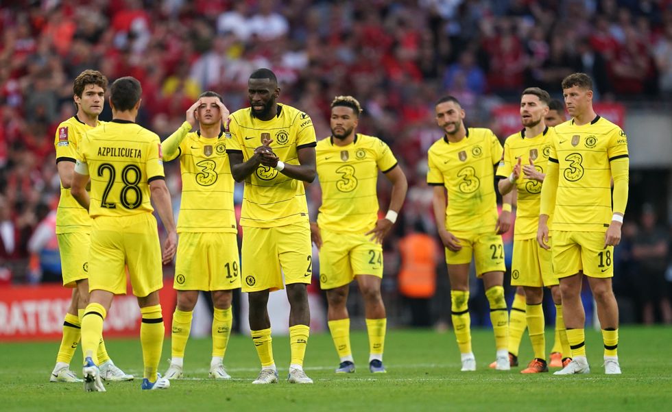 Chelsea's Cesar Azpilicueta walks back to his team-mates after failing to score in the penalty shootout during the Emirates FA Cup final at Wembley Stadium, London. Picture date: Saturday May 14, 2022.