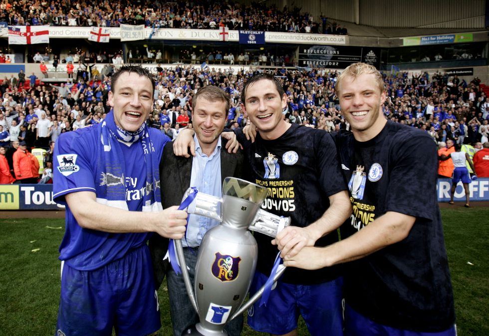 Chelsea's John Terry, Roman Abramovich, Frank Lampard and Eidur Gudjohnsen celebrate winning the Premier League in 2005
